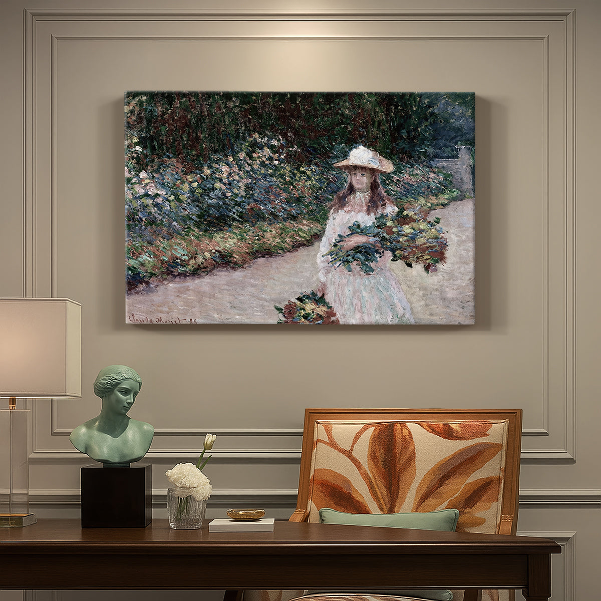 Canvas art print featuring a young girl seated in lush garden surrounded by blooming flowers, presented within a refined interior setting