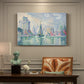 Canvas art print featuring a coastal cityscape with towers along waterfront, presented within a refined interior setting