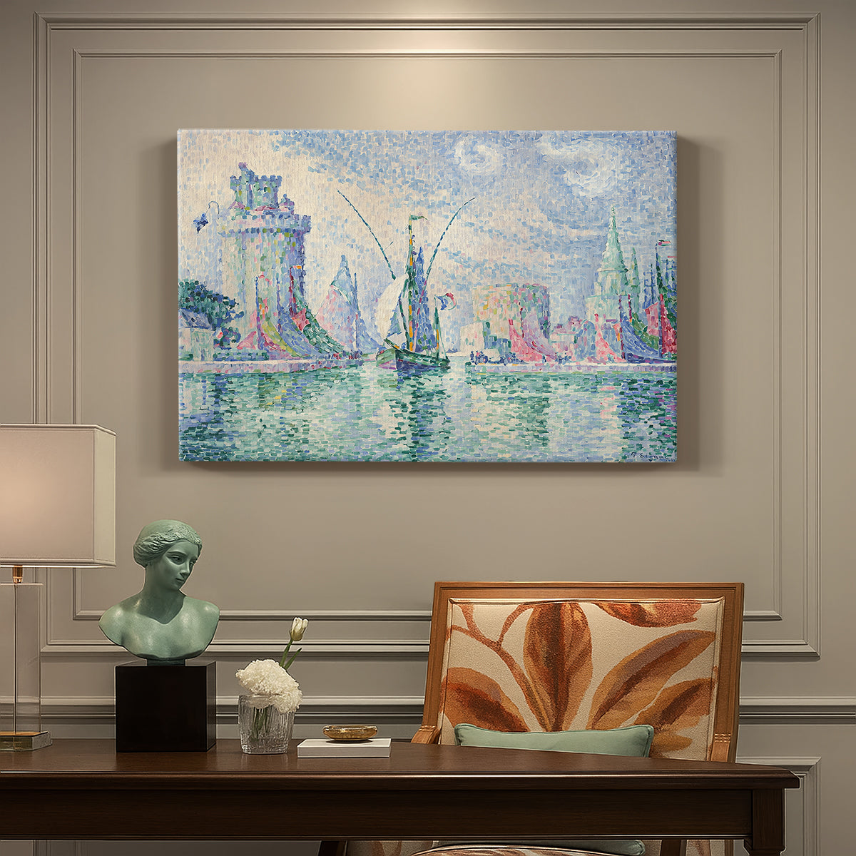 Canvas art print featuring a coastal cityscape with towers along waterfront, presented within a refined interior setting