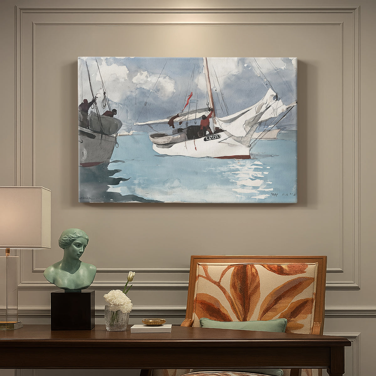Canvas art print featuring small boats anchored in shallow water with shoreline in background, presented within a refined interior setting