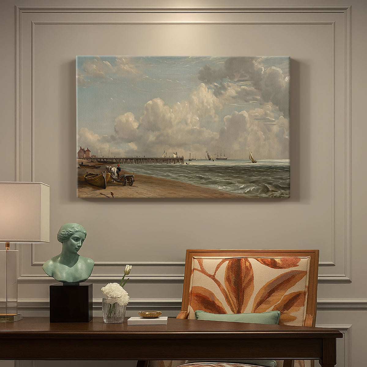 Canvas art print featuring a wooden jetty extending into sea with open horizon, presented within a refined interior setting