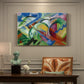 Canvas art print featuring abstracted sheep forms integrated into colorful geometric landscape, presented within a refined interior setting