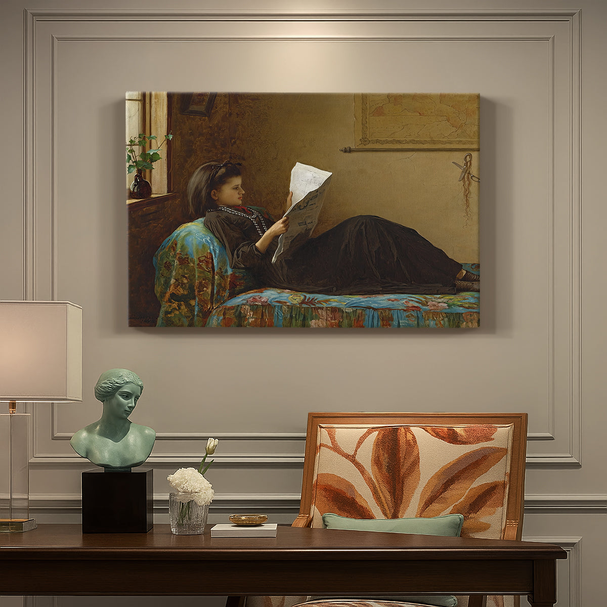 Canvas art print featuring a group of people gathered indoors reading newspaper together, presented within a refined interior setting