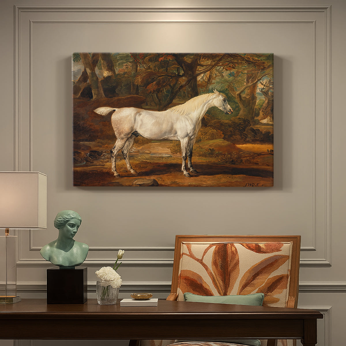 Canvas art print featuring a grey Arabian stallion standing in landscape with refined posture, presented within a refined interior setting