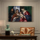 Canvas art print featuring a Madonna and child seated with two saints standing in dark interior setting, presented within a refined interior setting