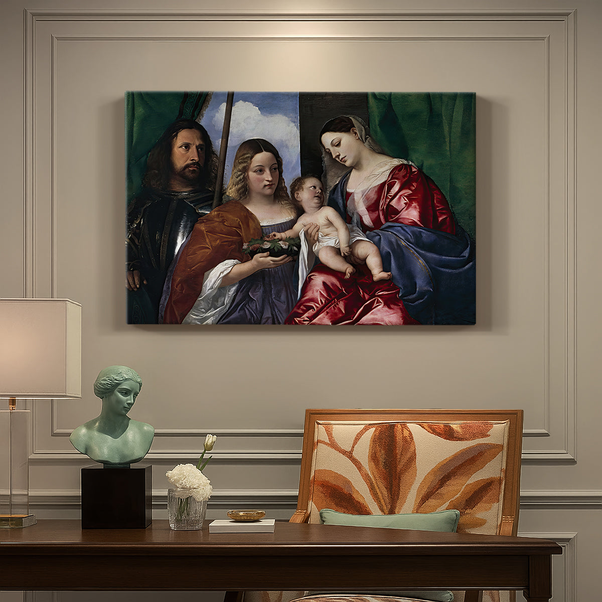 Canvas art print featuring a Madonna and child seated with two saints standing in dark interior setting, presented within a refined interior setting
