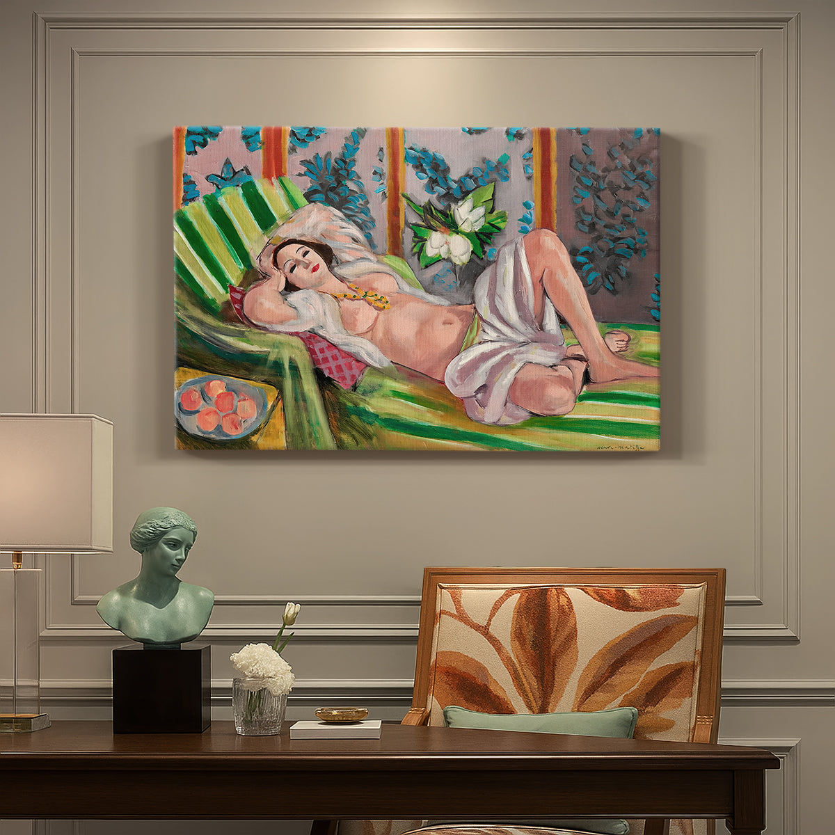 Canvas art print featuring a reclining odalisque surrounded by floral and magnolia patterns, presented within a refined interior setting