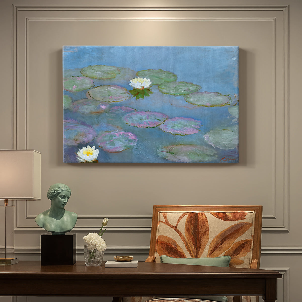 Canvas art print featuring floating water lilies on pond with reflections of sky and foliage, presented within a refined interior setting