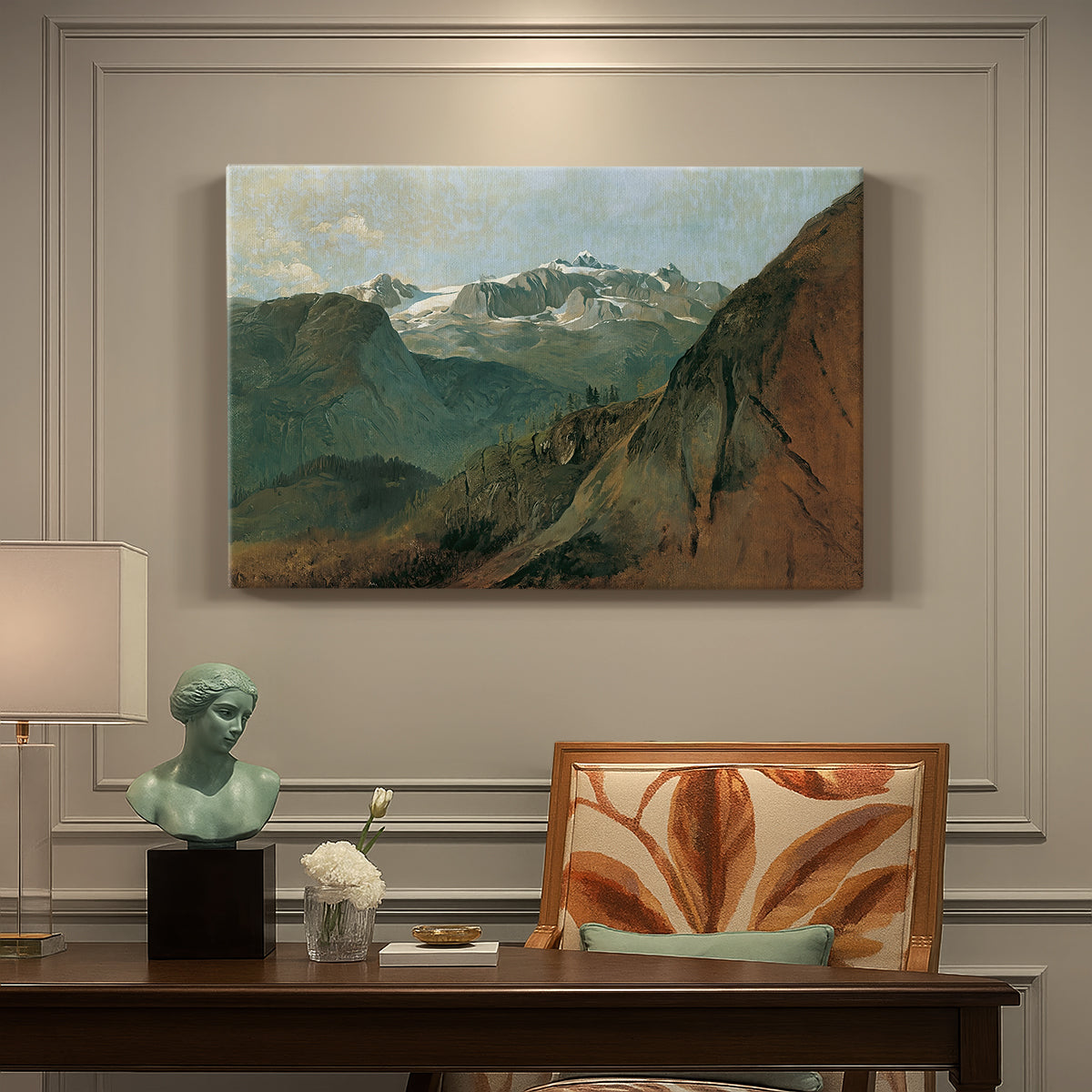 Canvas art print featuring dramatic mountain peaks in expansive landscape, presented within a refined interior setting