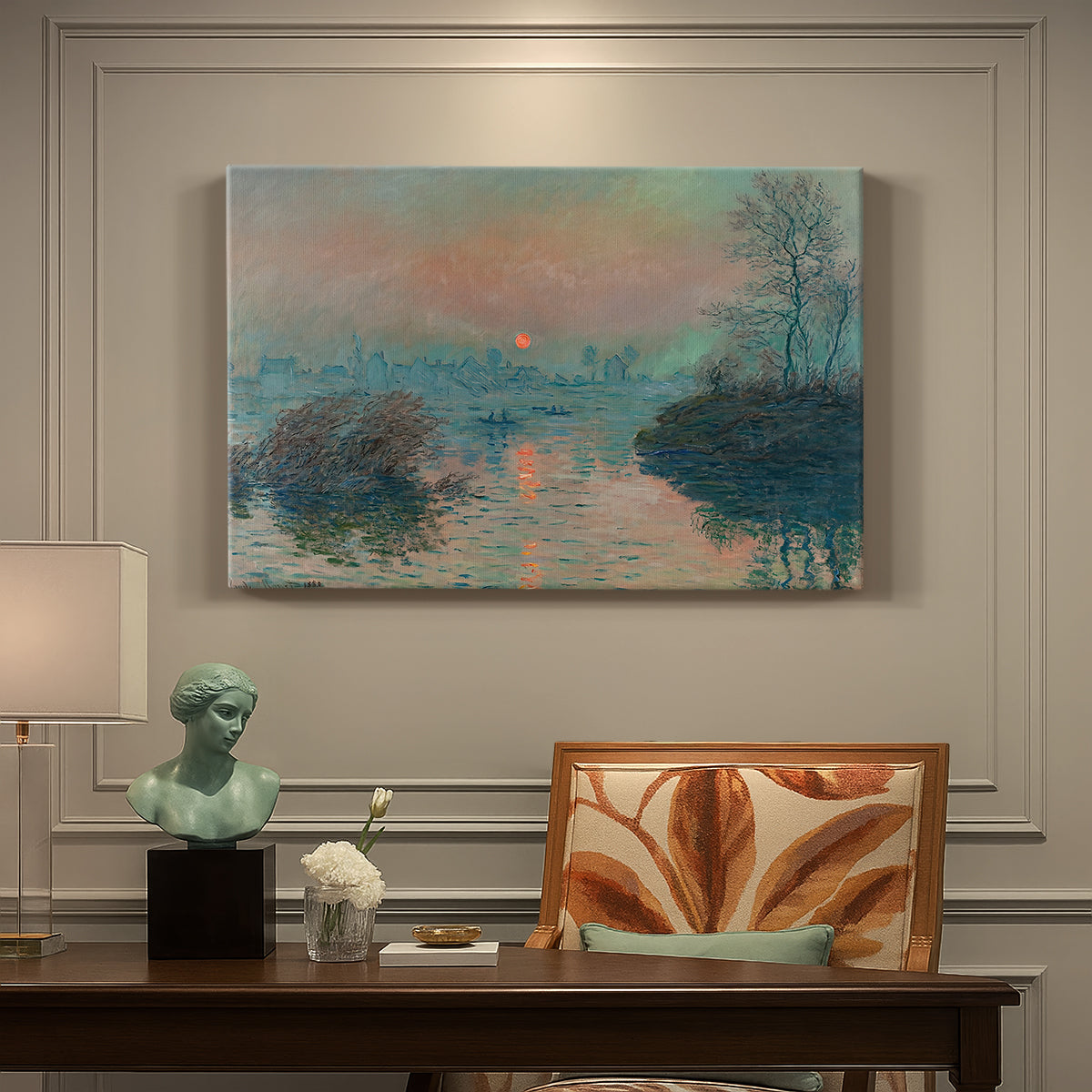 Canvas art print featuring a glowing sunset over snowy river landscape with soft reflections, presented within a refined interior setting