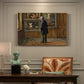 Canvas art print featuring a figure standing indoors closely examining framed artwork on wall, presented within a refined interior setting