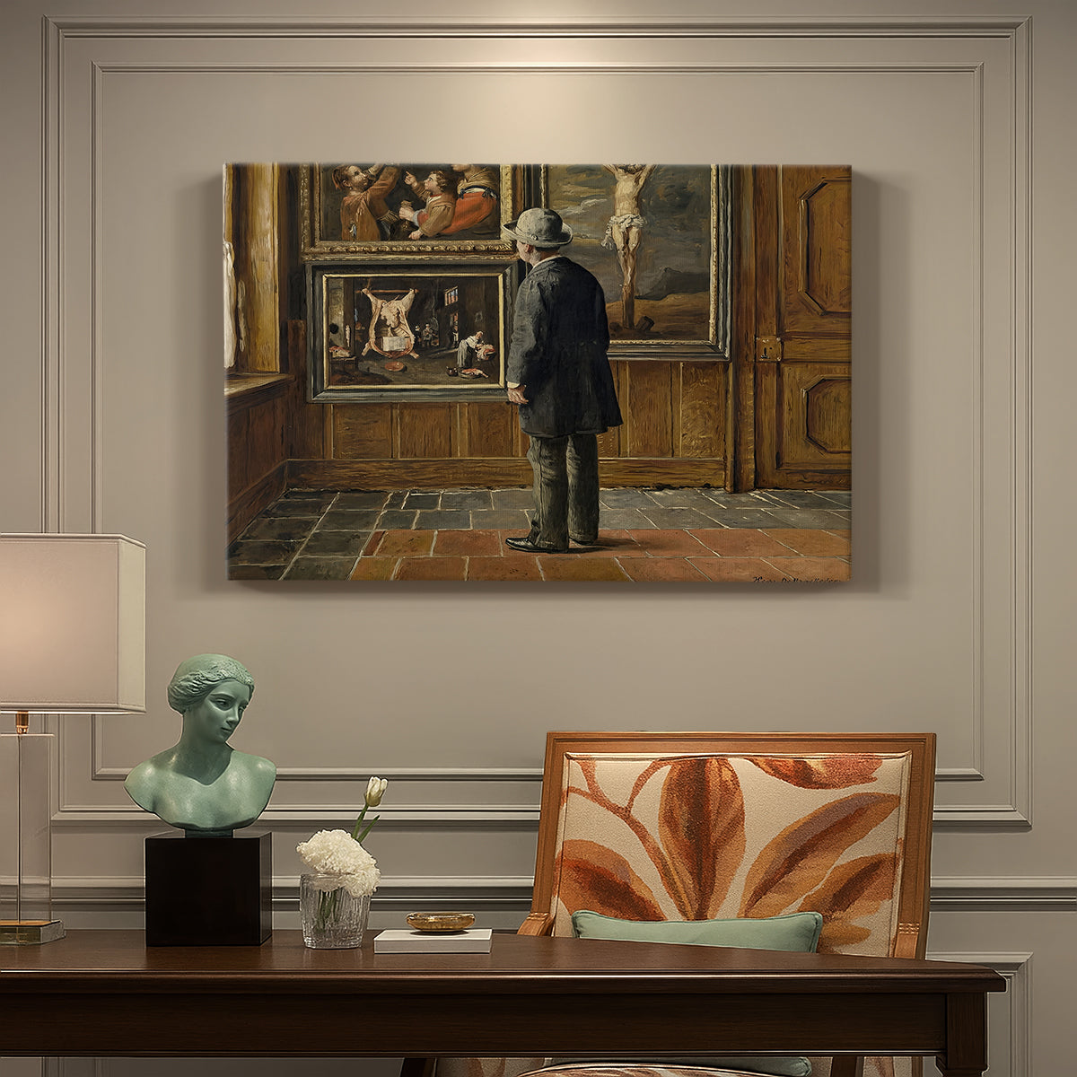 Canvas art print featuring a figure standing indoors closely examining framed artwork on wall, presented within a refined interior setting