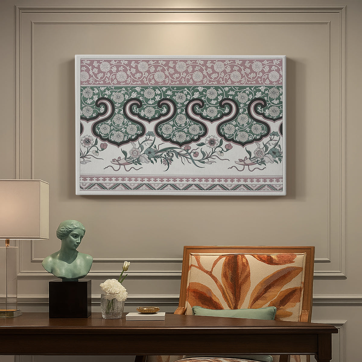 Canvas art print featuring a repeating pattern with interlocking shapes and stylized organic forms, presented within a refined interior setting