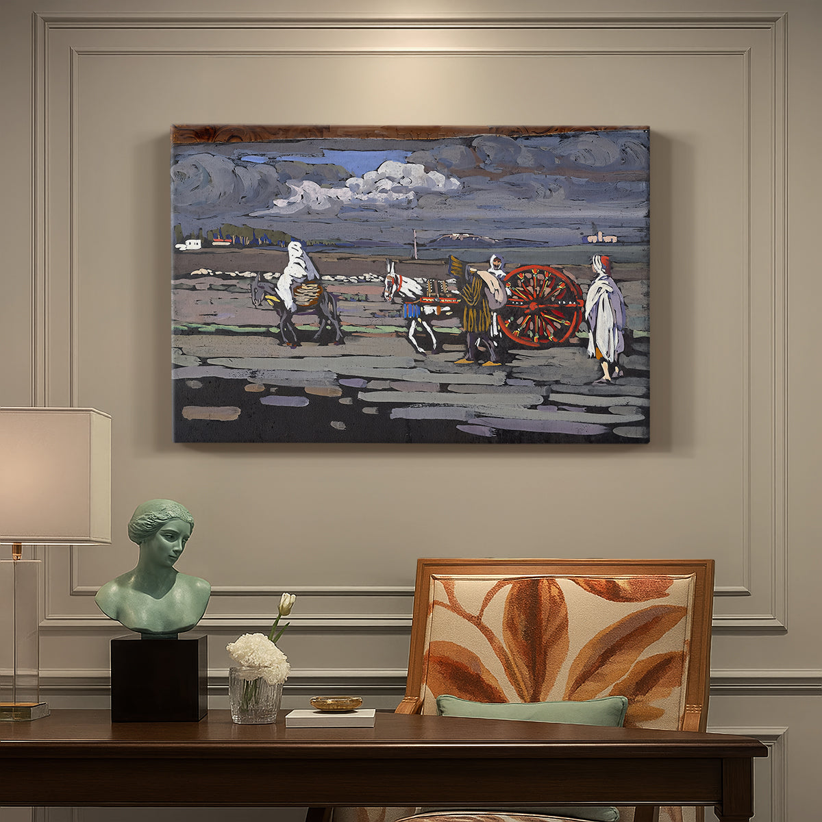 Canvas art print featuring a rural road scene with figures and landscape rendered in bold color and simplified forms, presented within a refined interior setting