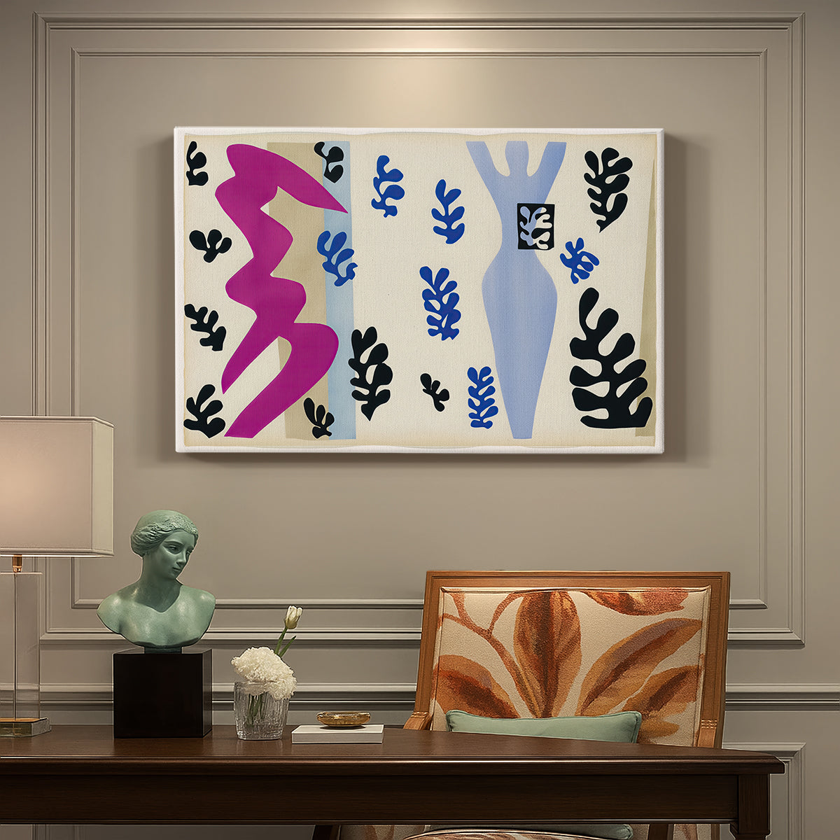 Canvas art print featuring an abstract cut-out composition suggesting a knife thrower, presented within a refined interior setting