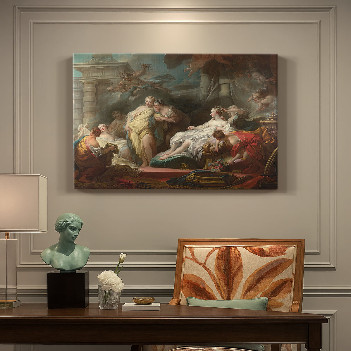Canvas art print featuring a group of women gathered indoors in ornate setting presenting gifts, presented within a refined interior setting