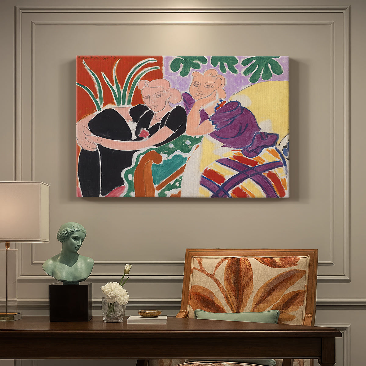 Canvas art print featuring two figures in a vivid interior engaged in conversation, presented within a refined interior setting