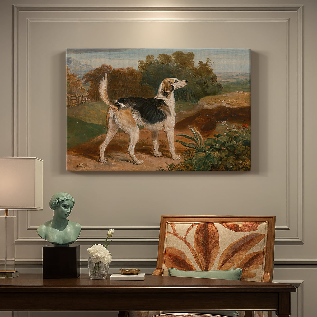 Canvas art print featuring a hunting hound standing in landscape with focused posture, presented within a refined interior setting