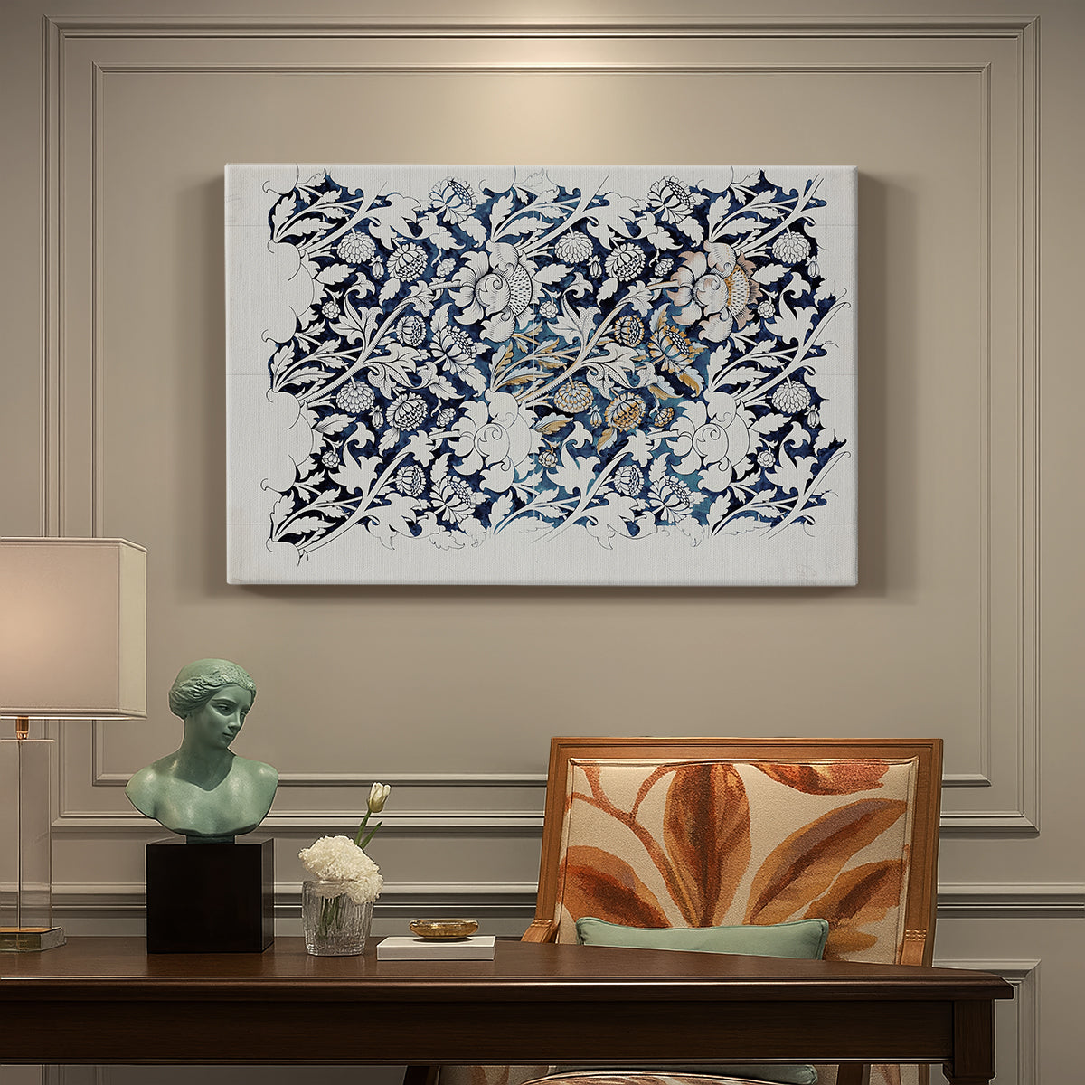 Canvas art print featuring a repeating floral design with flowing stems and scattered blossoms across light background, presented within a refined interior setting