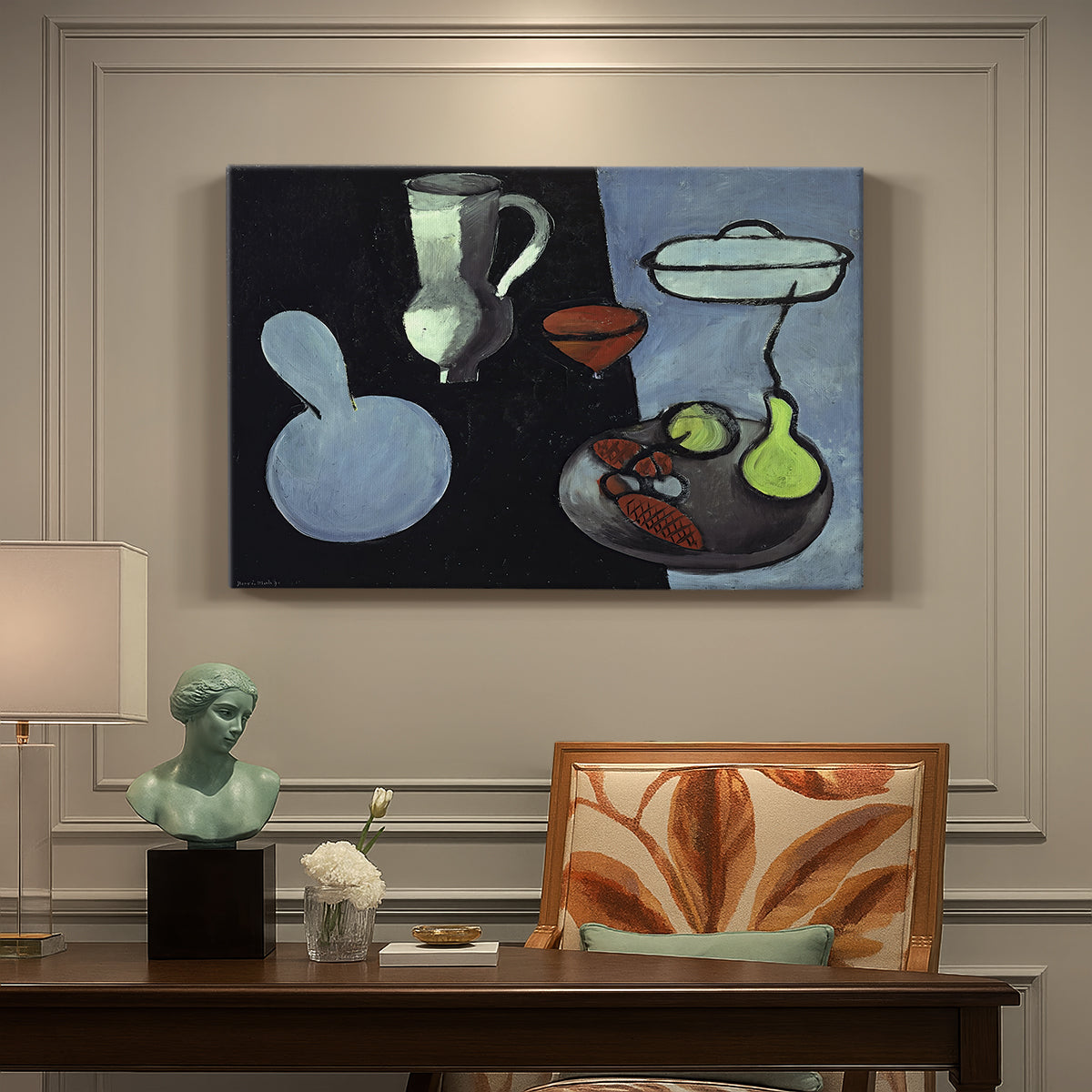 Canvas art print featuring a minimal still life with gourds and vessels on a dark surface, presented within a refined interior setting