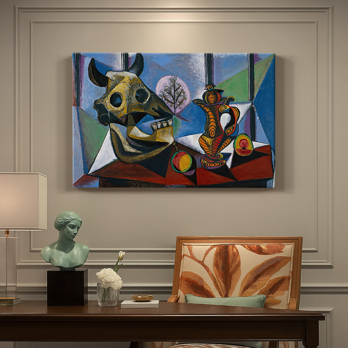 Canvas art print featuring a bull skull arranged with objects in angular cubist still life, presented within a refined interior setting