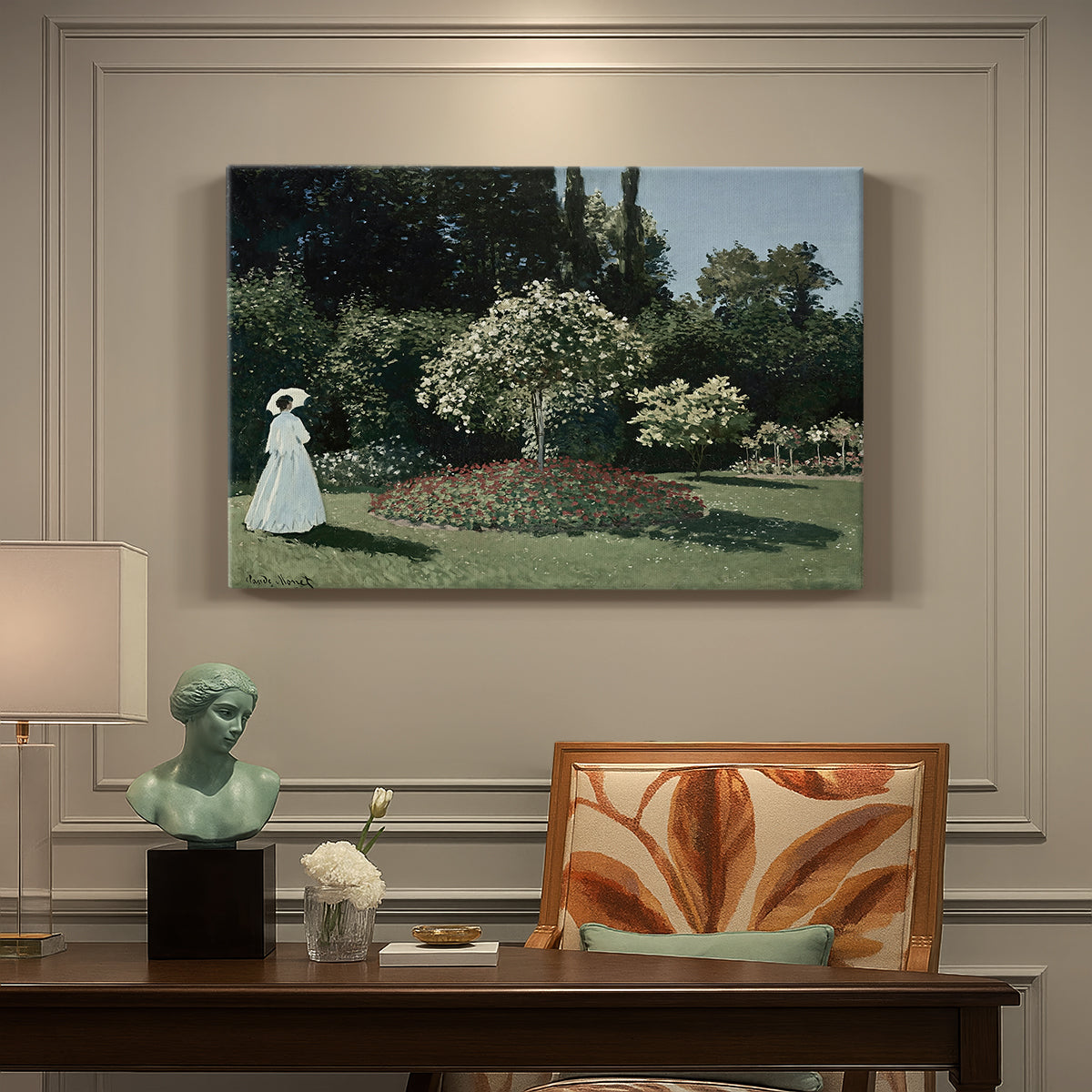 Canvas art print featuring a woman standing in garden surrounded by flowers and greenery, presented within a refined interior setting