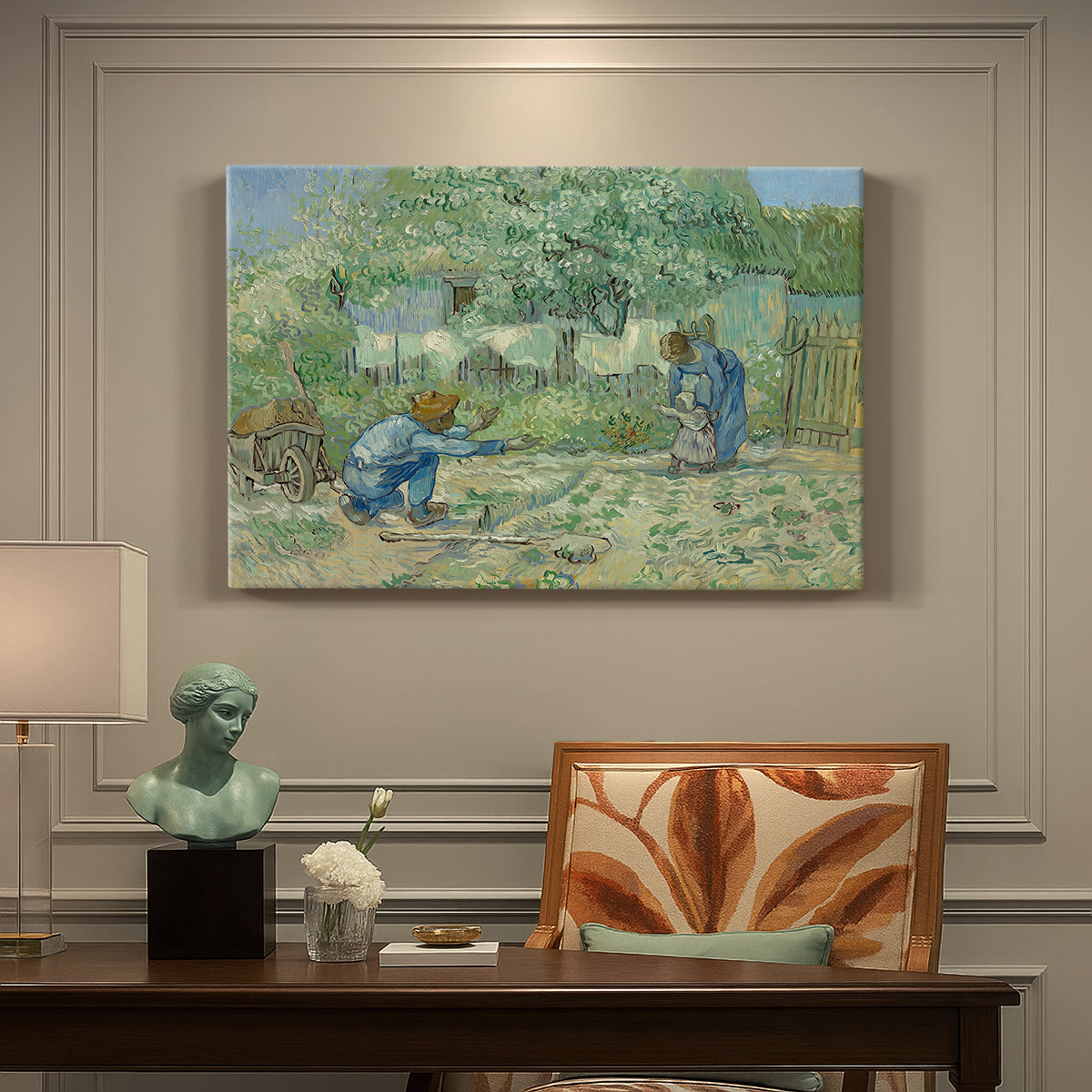 Canvas art print featuring a rural family scene with child taking first steps between adults outdoors, presented within a refined interior setting