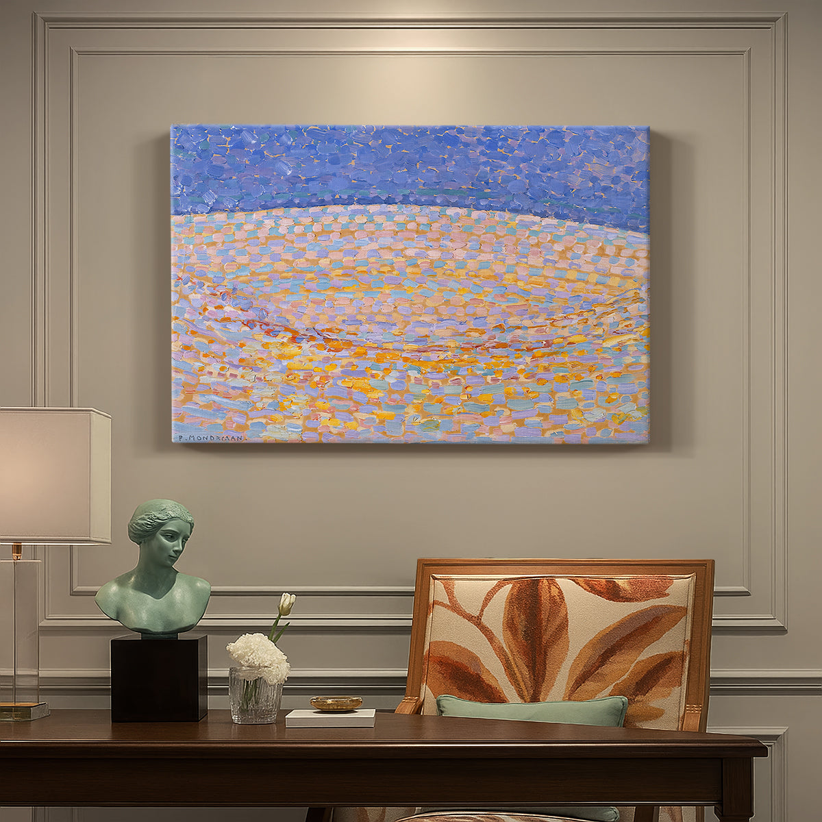 Canvas art print featuring an abstract dune landscape with dotted texture, presented within a refined interior setting