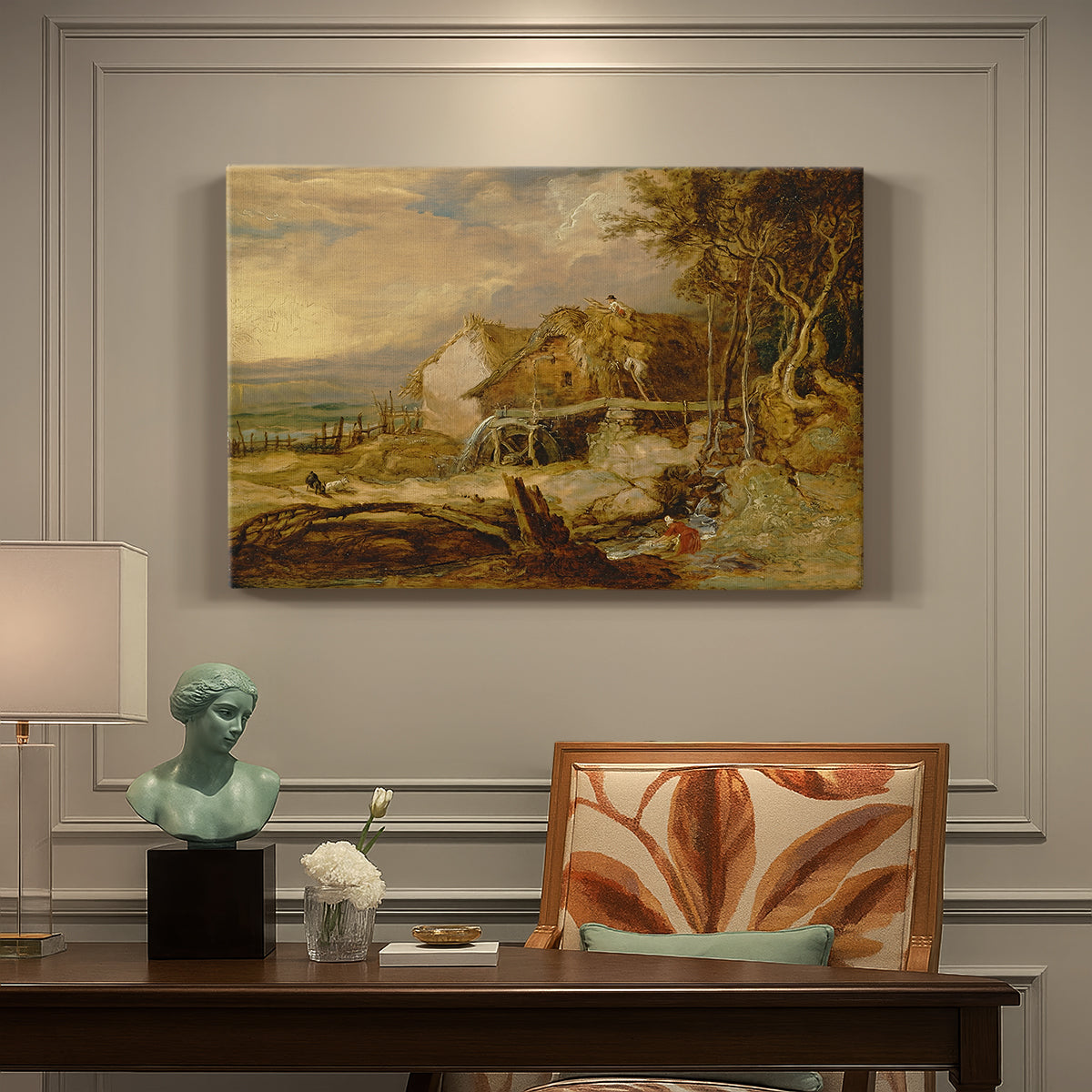 Canvas art print featuring a watermill structure beside flowing stream in rural landscape, presented within a refined interior setting