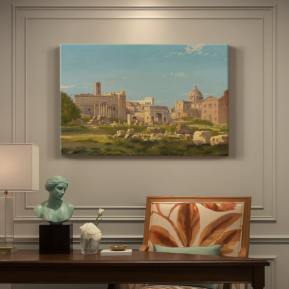 Canvas art print featuring ancient ruins of Roman Forum with architectural structures and open sky, presented within a refined interior setting