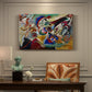 Canvas art print featuring a fragmented abstract study with intersecting lines and layered color elements, presented within a refined interior setting