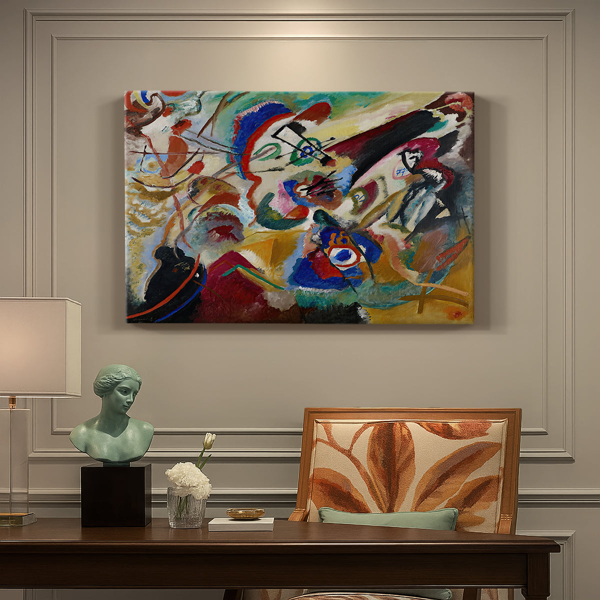 Canvas art print featuring a fragmented abstract study with intersecting lines and layered color elements, presented within a refined interior setting