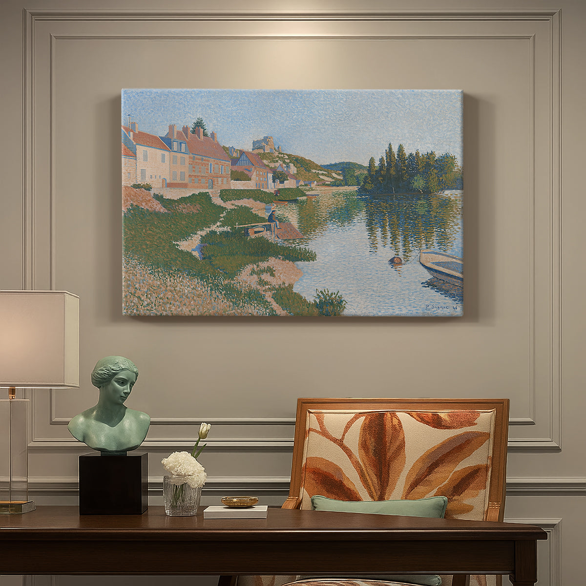 Canvas art print featuring a hillside town overlooking river with buildings and terrain, presented within a refined interior setting