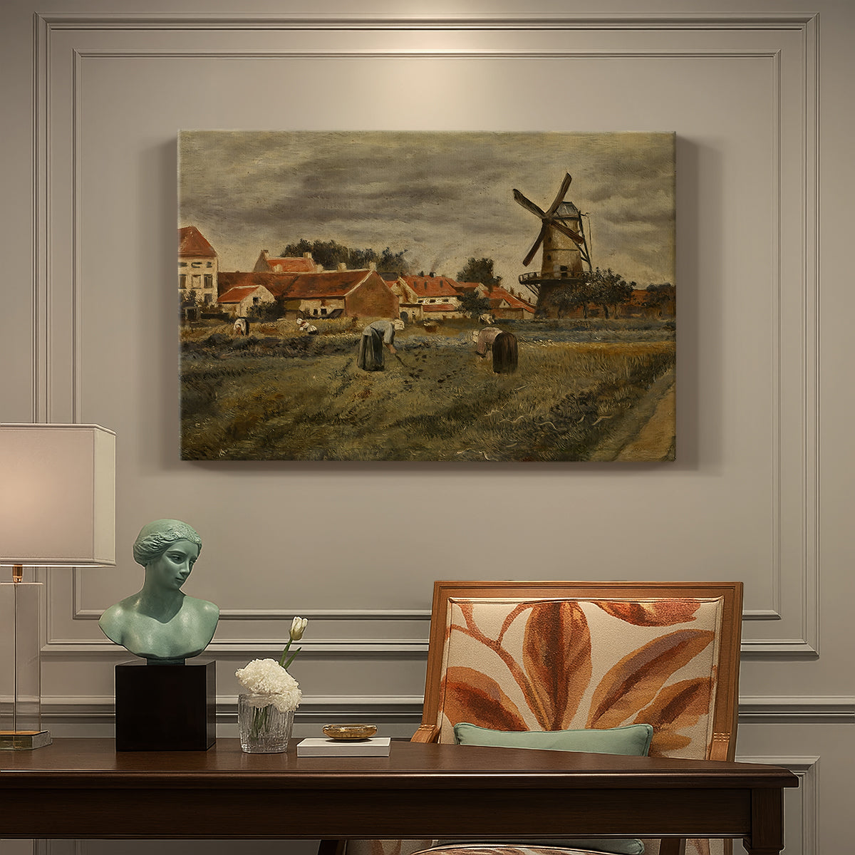 Canvas art print featuring a rural village scene with people working among buildings and open yard, presented within a refined interior setting