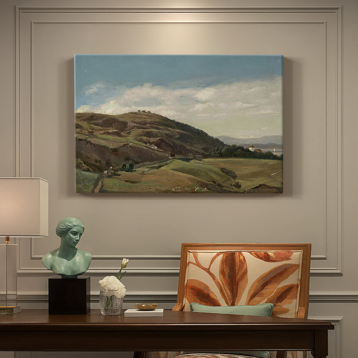 Canvas art print featuring a panoramic view of Oslo landscape with church and rolling hills under open sky, presented within a refined interior setting