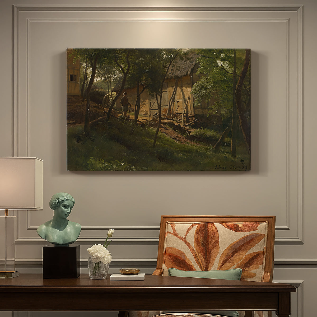 Canvas art print featuring rustic farm buildings surrounded by trees and rural landscape, presented within a refined interior setting