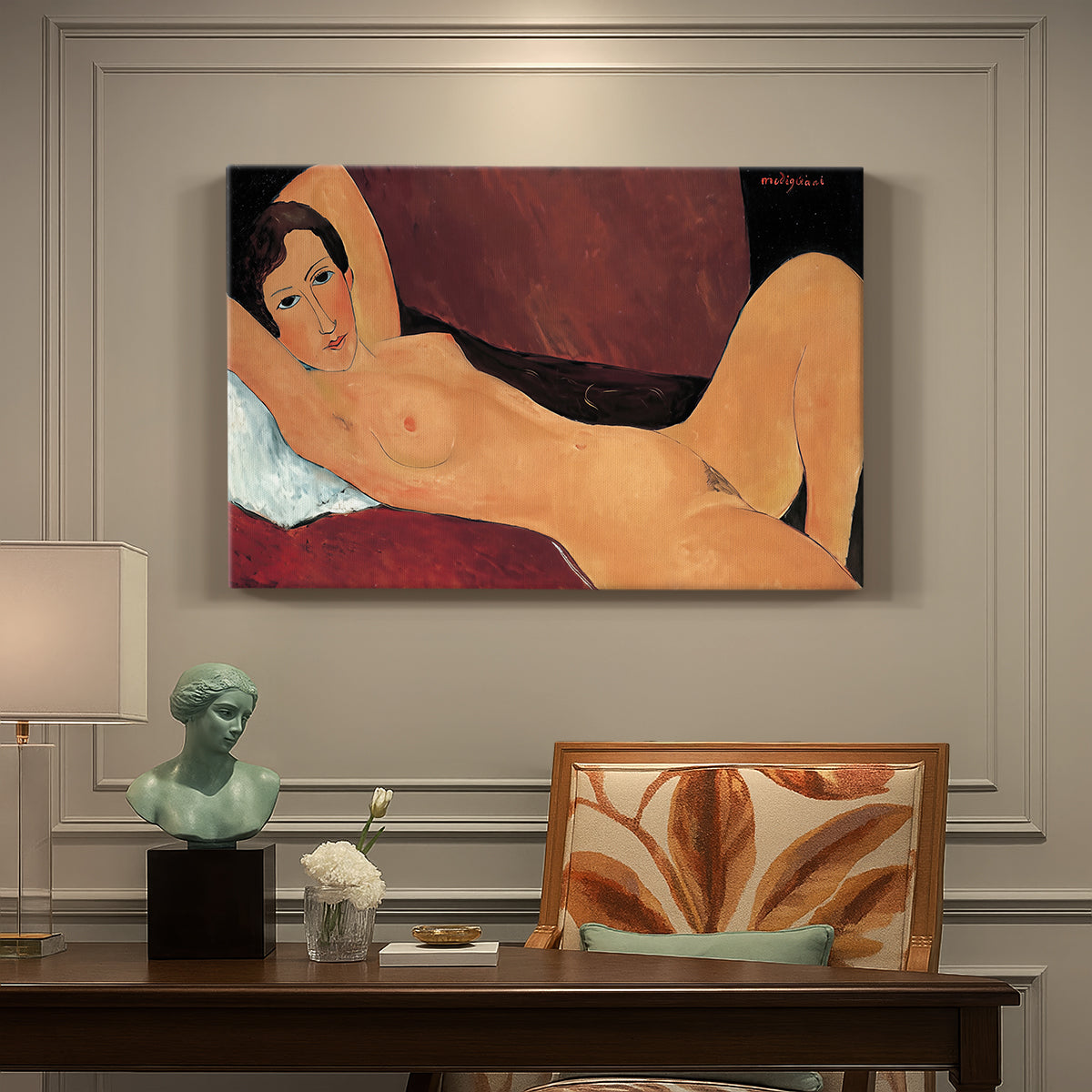 Canvas art print featuring a reclining nude woman stretched across a sofa with elongated form, presented within a refined interior setting