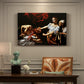 Canvas art print featuring Judith cutting off Holofernes' head as maidservant assists beside her, presented within a refined interior setting