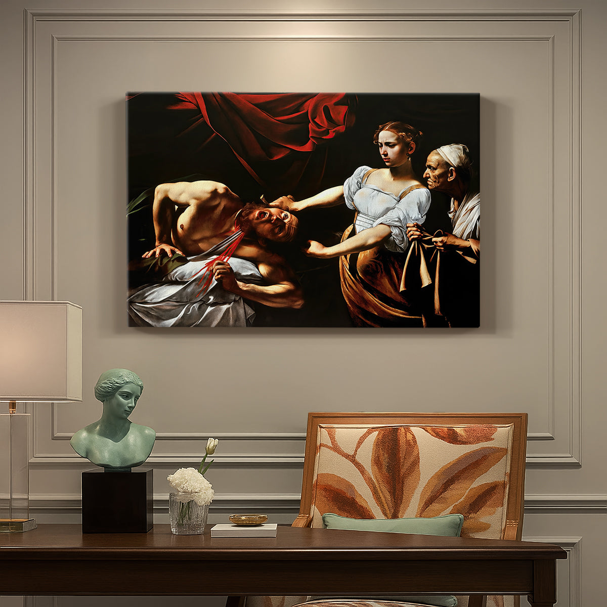 Canvas art print featuring Judith cutting off Holofernes' head as maidservant assists beside her, presented within a refined interior setting