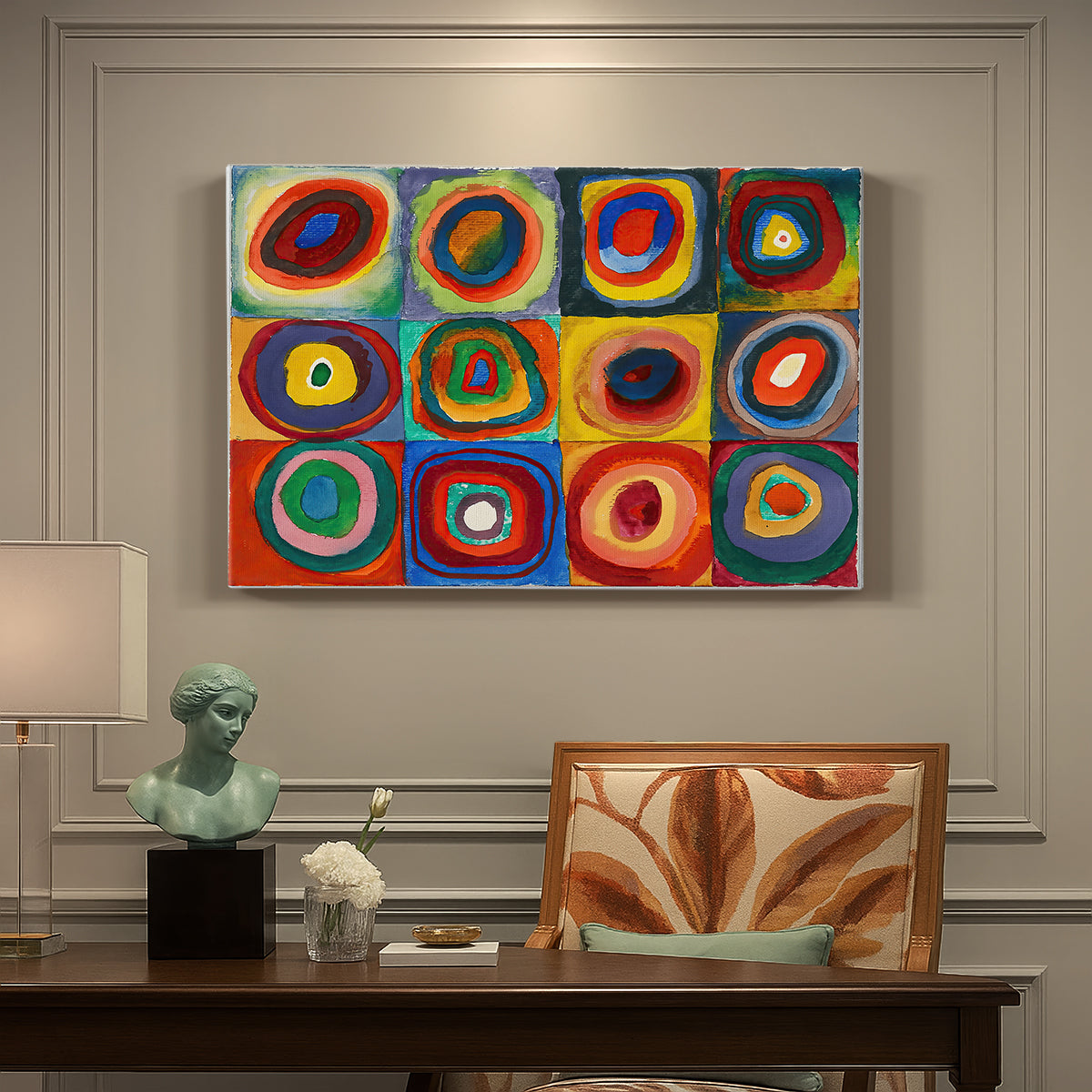 Canvas art print featuring a grid of squares each containing concentric circular color patterns, presented within a refined interior setting