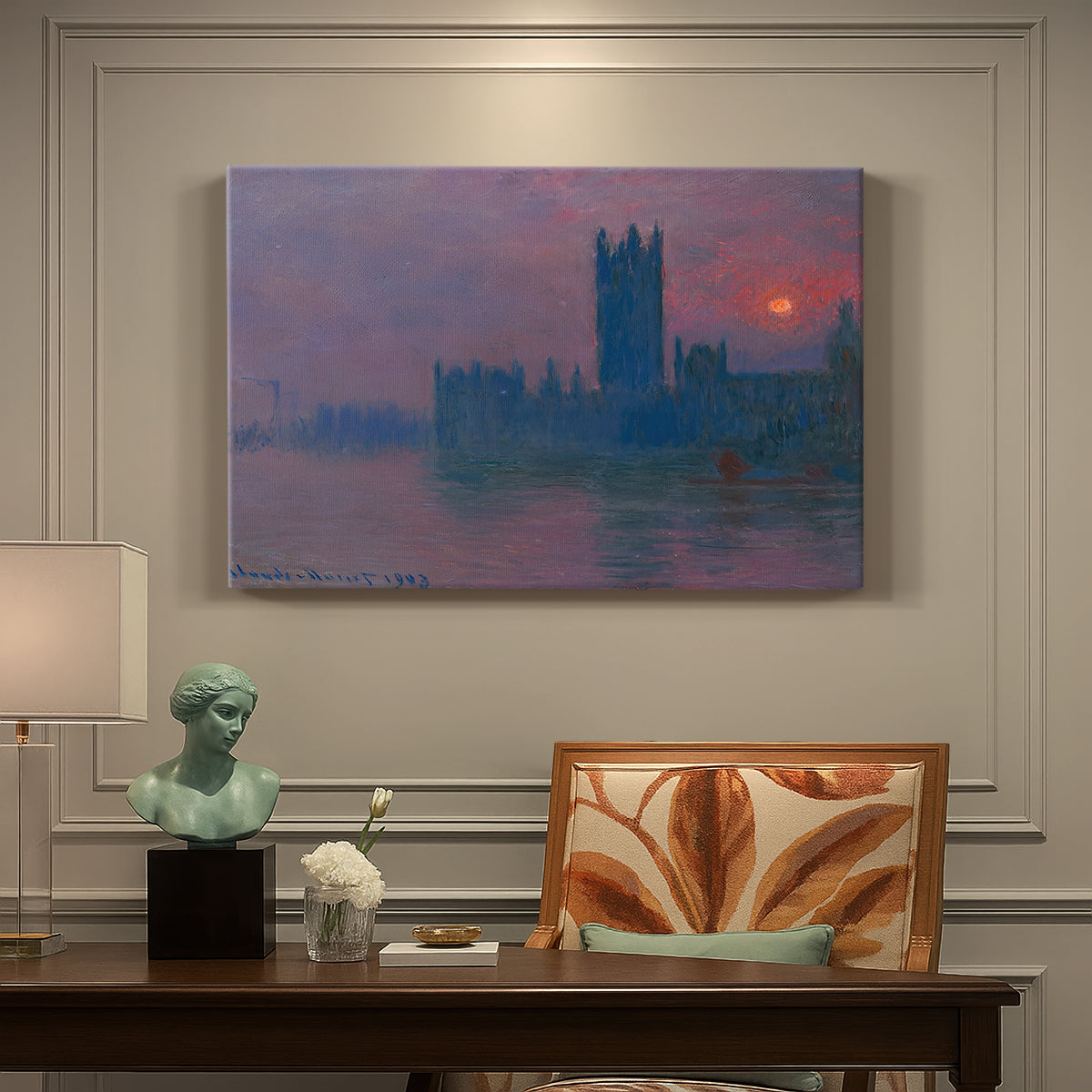 Canvas art print featuring a silhouette of Parliament buildings against glowing sunset across river, presented within a refined interior setting