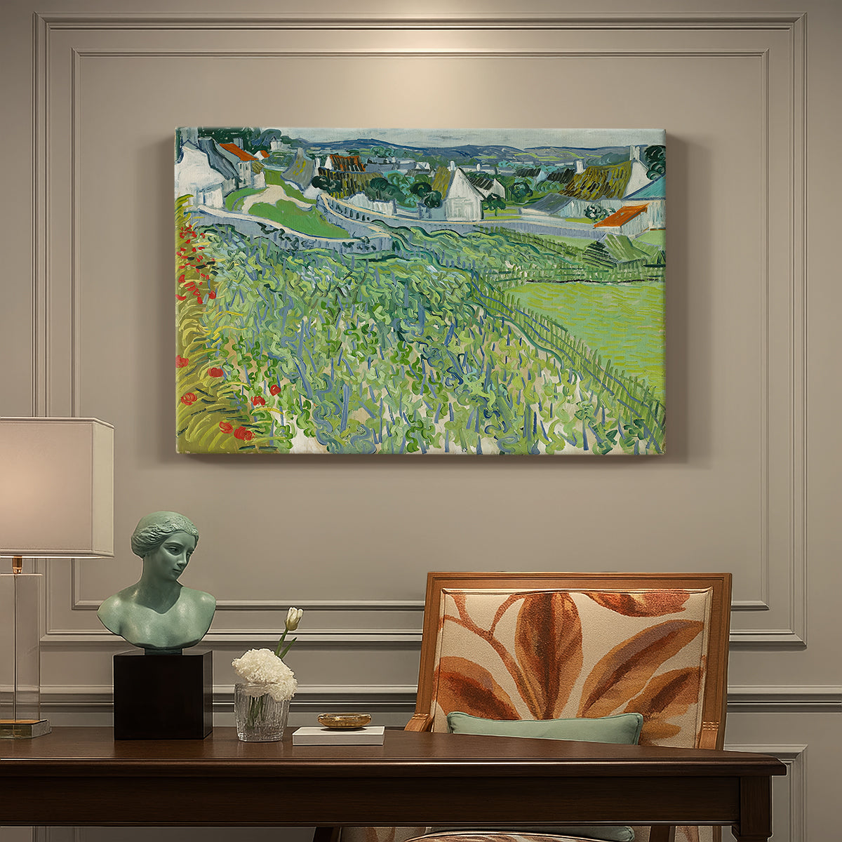 Canvas art print featuring a cultivated vineyard rows stretching across landscape with distant horizon, presented within a refined interior setting