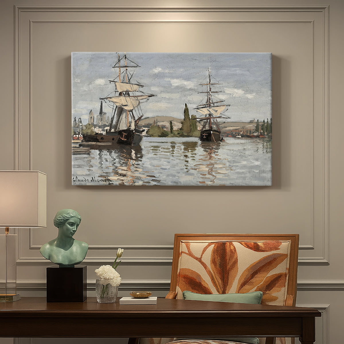 Canvas art print featuring large ships docked along the Seine with masts rising against soft sky, presented within a refined interior setting