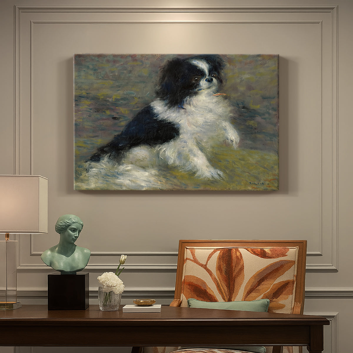 Canvas art print featuring a small black and white dog standing in shallow water with soft brushstrokes, presented within a refined interior setting