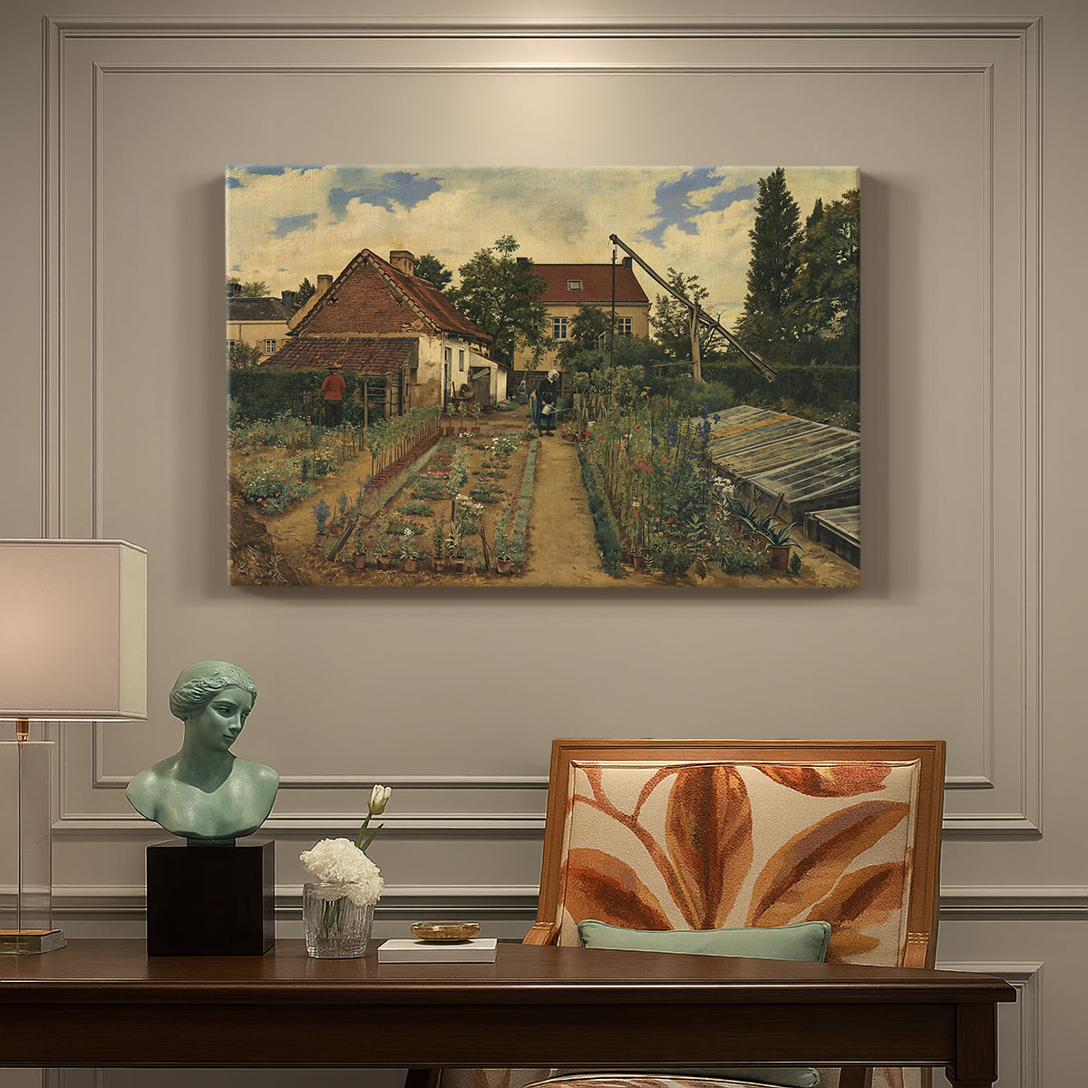 Canvas art print featuring a flower garden with plants and building in structured outdoor setting, presented within a refined interior setting