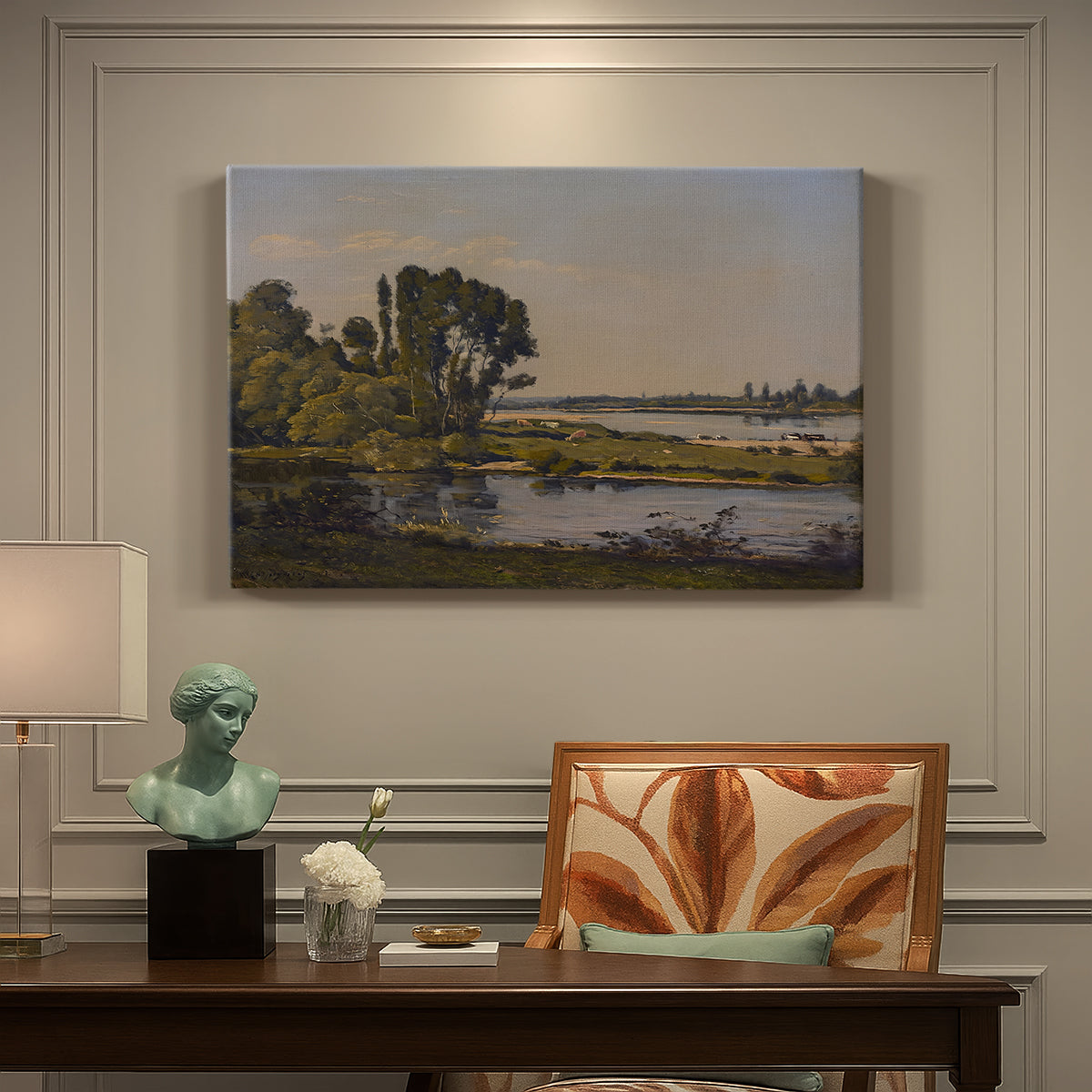 Canvas art print featuring a calm river winding through countryside with trees and open sky, presented within a refined interior setting