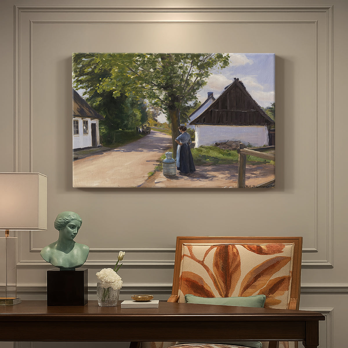 Canvas art print featuring a woman and milkman standing along village street with houses nearby, presented within a refined interior setting