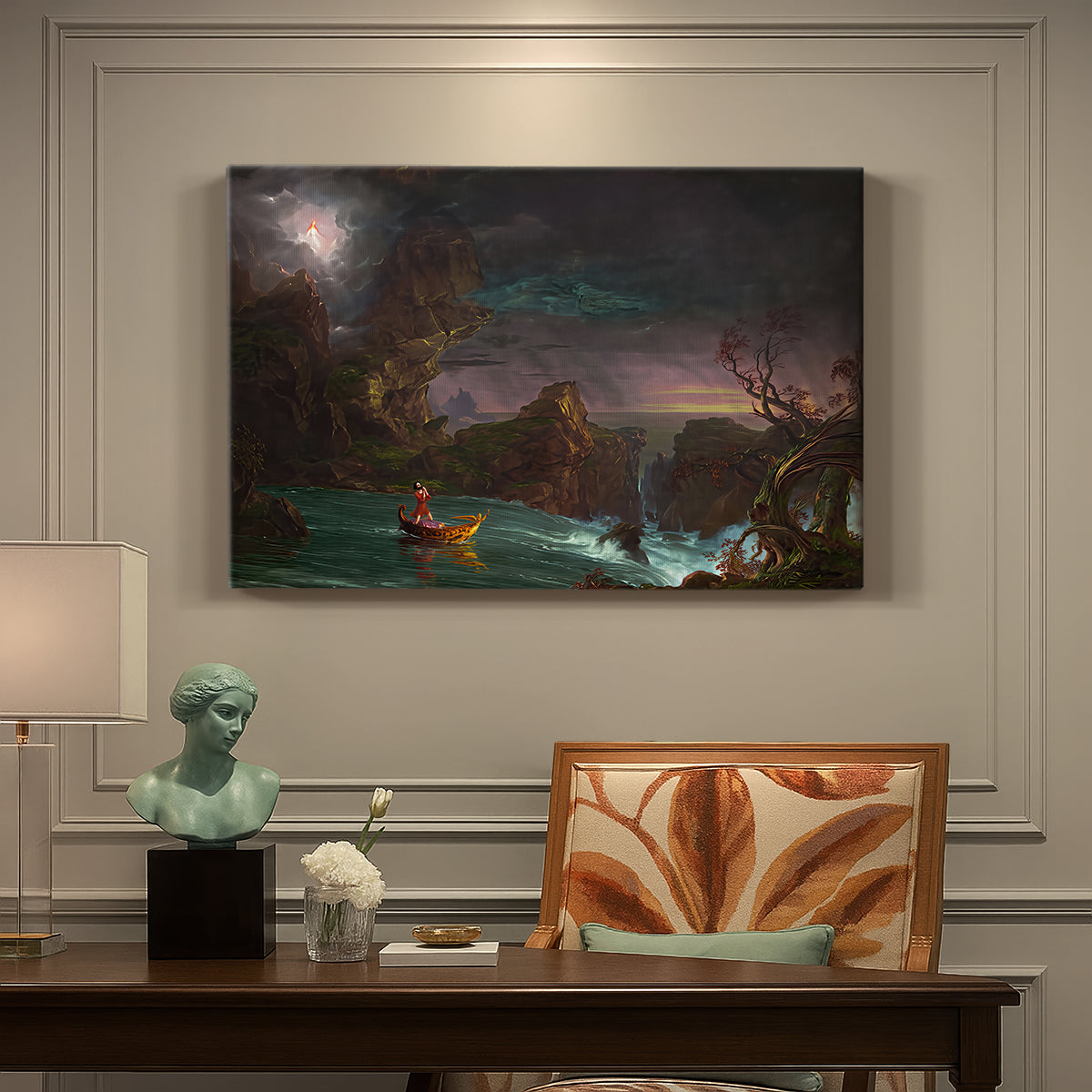Canvas art print featuring a stylized composition showcasing architectural history, presented within a refined interior setting