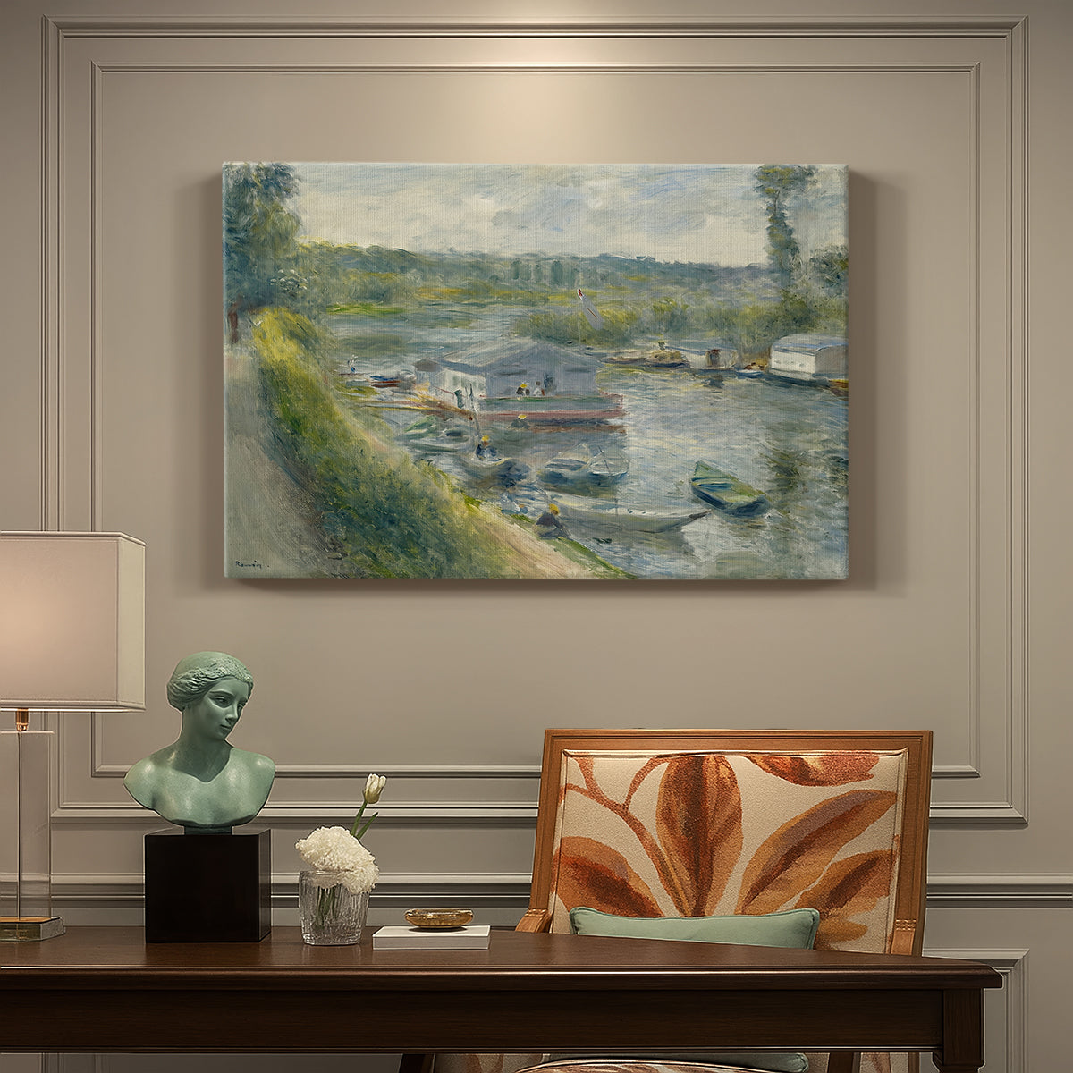 Canvas art print featuring a floating wash-house boat along a riverbank with figures working nearby, presented within a refined interior setting