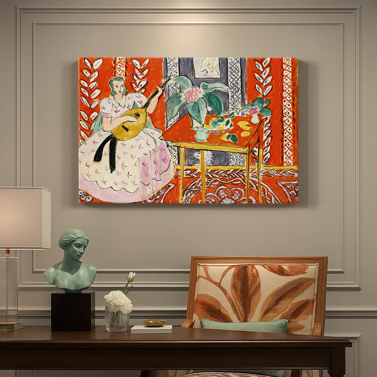 Canvas art print featuring a seated figure with a lute in a decorative interior, presented within a refined interior setting
